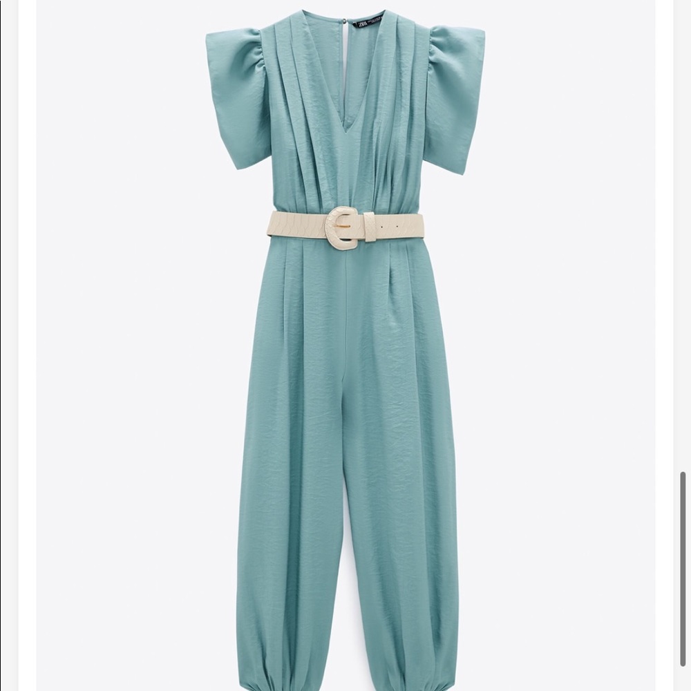 Zara NWOT Puff Sleeve Blue Belted Jumpsuit - Picture 3 of 16